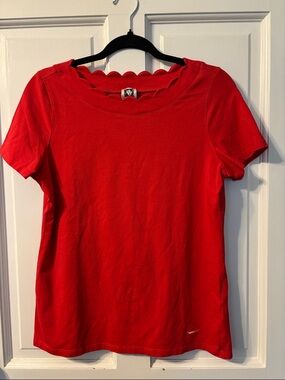 Anne Klein Red Short-Sleeve Tee with Scallop Neckline